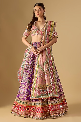 Purple Silk Mirror & Gota Embroidered Lehenga Set by Mayyur girotra