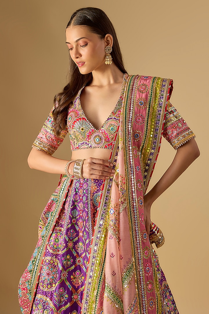 Purple Silk Mirror & Gota Embroidered Bridal Lehenga Set by Mayyur girotra at Pernia's Pop Up Shop