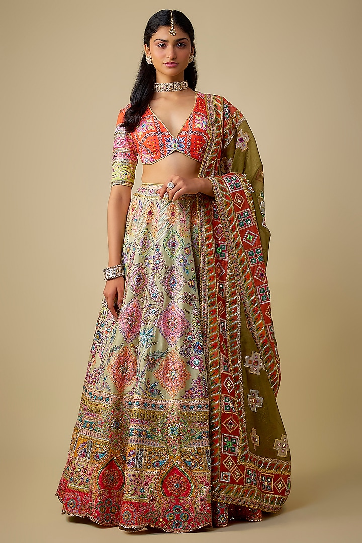 Light Mint Green Silk Sequins Embroidered Bridal Lehenga Set by Mayyur Girotra at Pernia's Pop Up Shop
