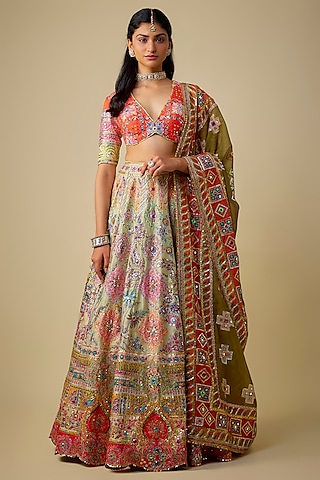 Light Mint Green Silk Sequins Embroidered Lehenga Set by Mayyur Girotra