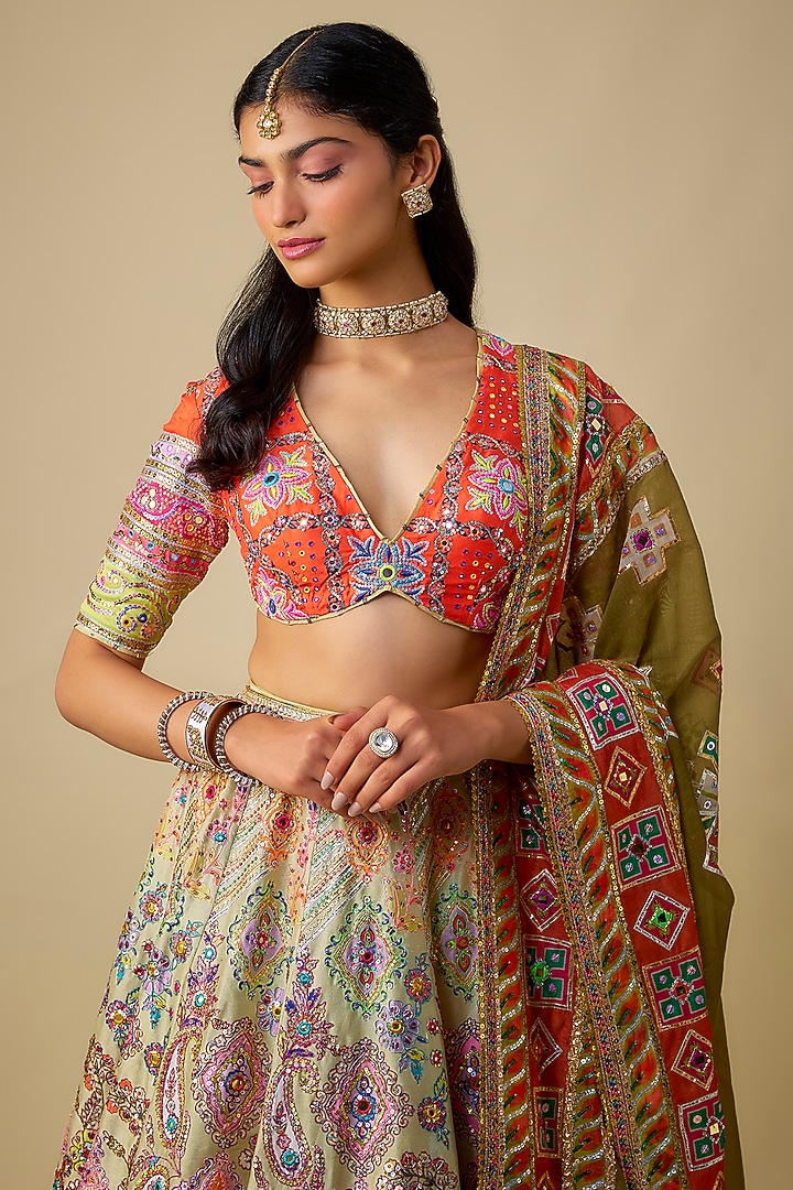 Light Mint Green Silk Sequins Embroidered Bridal Lehenga Set by Mayyur Girotra at Pernia's Pop Up Shop