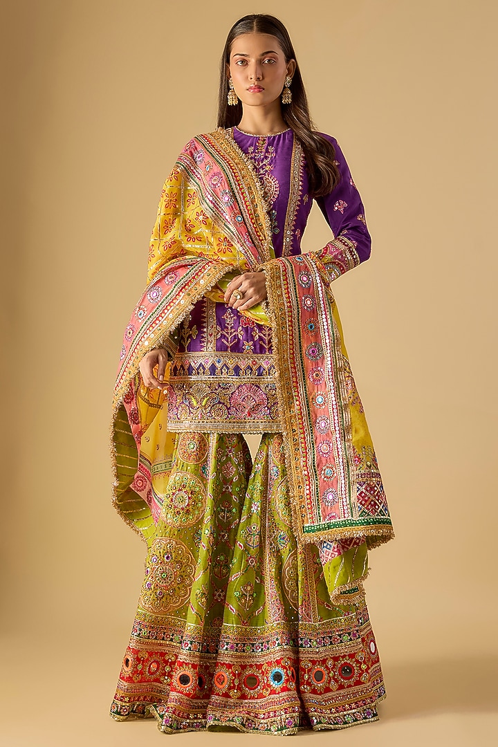 Green Chanderi Mirror & Sequins Embroidered Gharara Set by Mayyur girotra at Pernia's Pop Up Shop