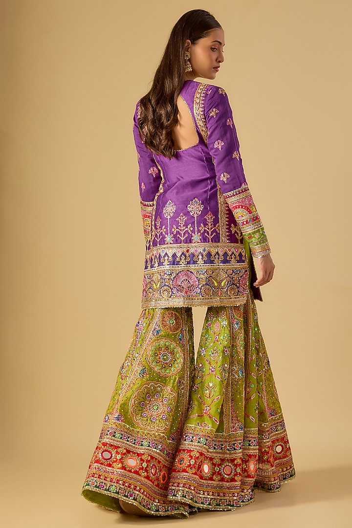 Green Chanderi Mirror & Sequins Embroidered Gharara Set by Mayyur girotra at Pernia's Pop Up Shop