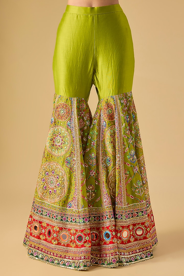 Green Chanderi Mirror & Sequins Embroidered Gharara Set by Mayyur girotra at Pernia's Pop Up Shop
