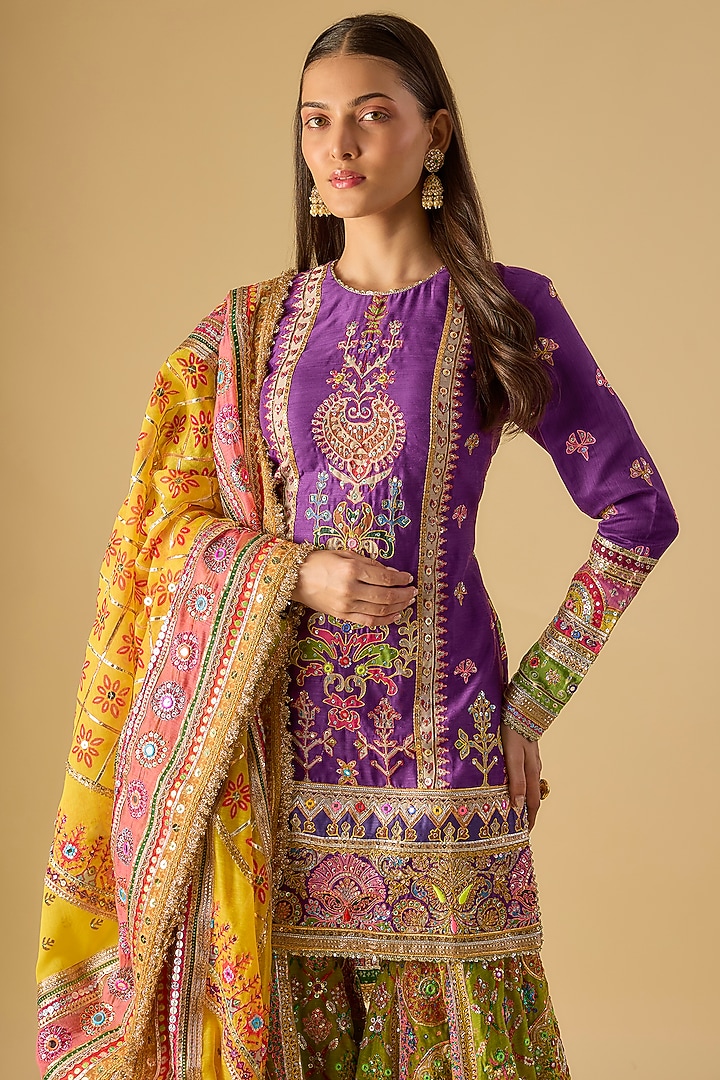Green Chanderi Mirror & Sequins Embroidered Gharara Set by Mayyur girotra at Pernia's Pop Up Shop