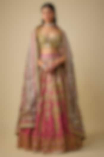 Golden & Pink Silk Sequins Embroidered Bridal Lehenga Set by Mayyur Girotra at Pernia's Pop Up Shop