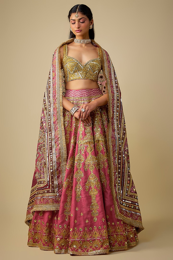 Golden & Pink Silk Sequins Embroidered Bridal Lehenga Set by Mayyur Girotra at Pernia's Pop Up Shop