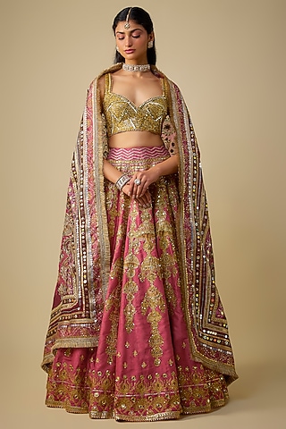 Golden & Pink Silk Sequins Embroidered Lehenga Set by Mayyur Girotra