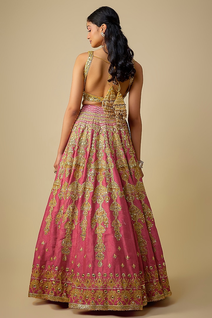 Golden & Pink Silk Sequins Embroidered Bridal Lehenga Set by Mayyur Girotra at Pernia's Pop Up Shop