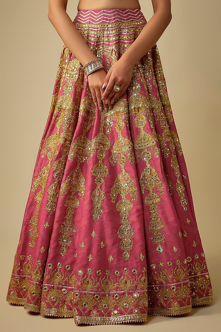 Golden & Pink Silk Sequins Embroidered Bridal Lehenga Set by Mayyur Girotra at Pernia's Pop Up Shop