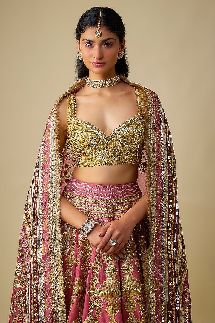 Golden & Pink Silk Sequins Embroidered Bridal Lehenga Set by Mayyur Girotra at Pernia's Pop Up Shop