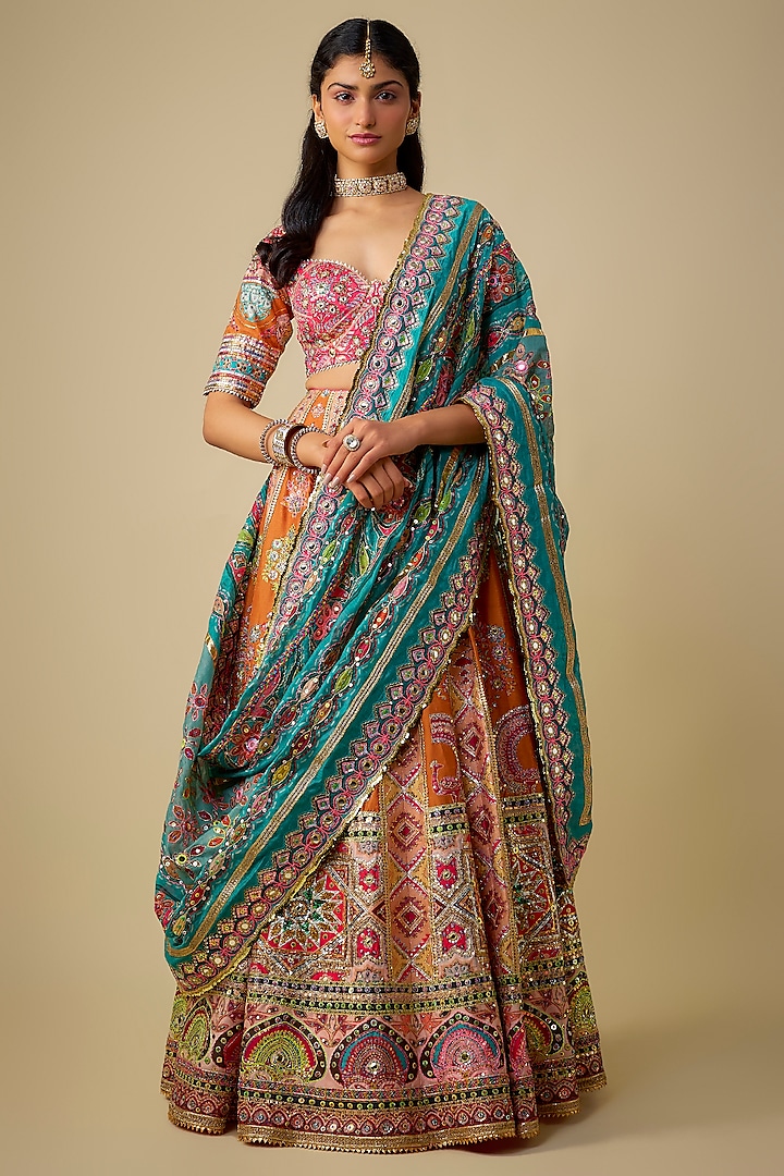 Orange Silk Sequins Embroidered Bridal Lehenga Set by Mayyur Girotra at Pernia's Pop Up Shop