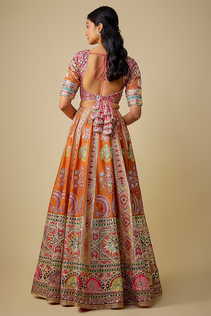 Orange Silk Sequins Embroidered Bridal Lehenga Set by Mayyur Girotra at Pernia's Pop Up Shop