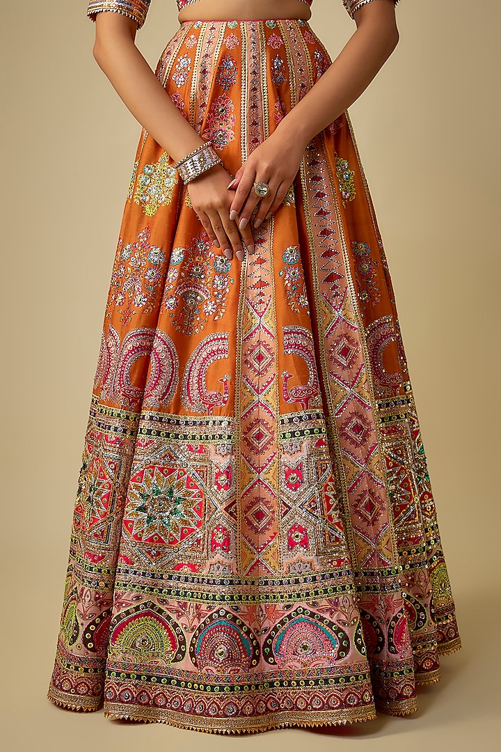 Orange Silk Sequins Embroidered Bridal Lehenga Set by Mayyur Girotra at Pernia's Pop Up Shop