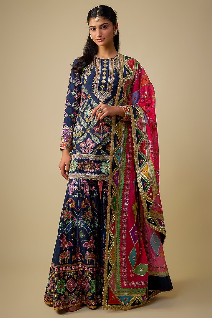Navy Blue Chanderi Sequins Embroidered Gharara Set by Mayyur Girotra at Pernia's Pop Up Shop