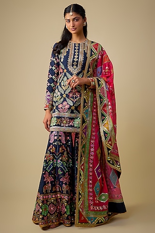 Navy Blue Chanderi Sequins Embroidered Gharara Set by Mayyur Girotra