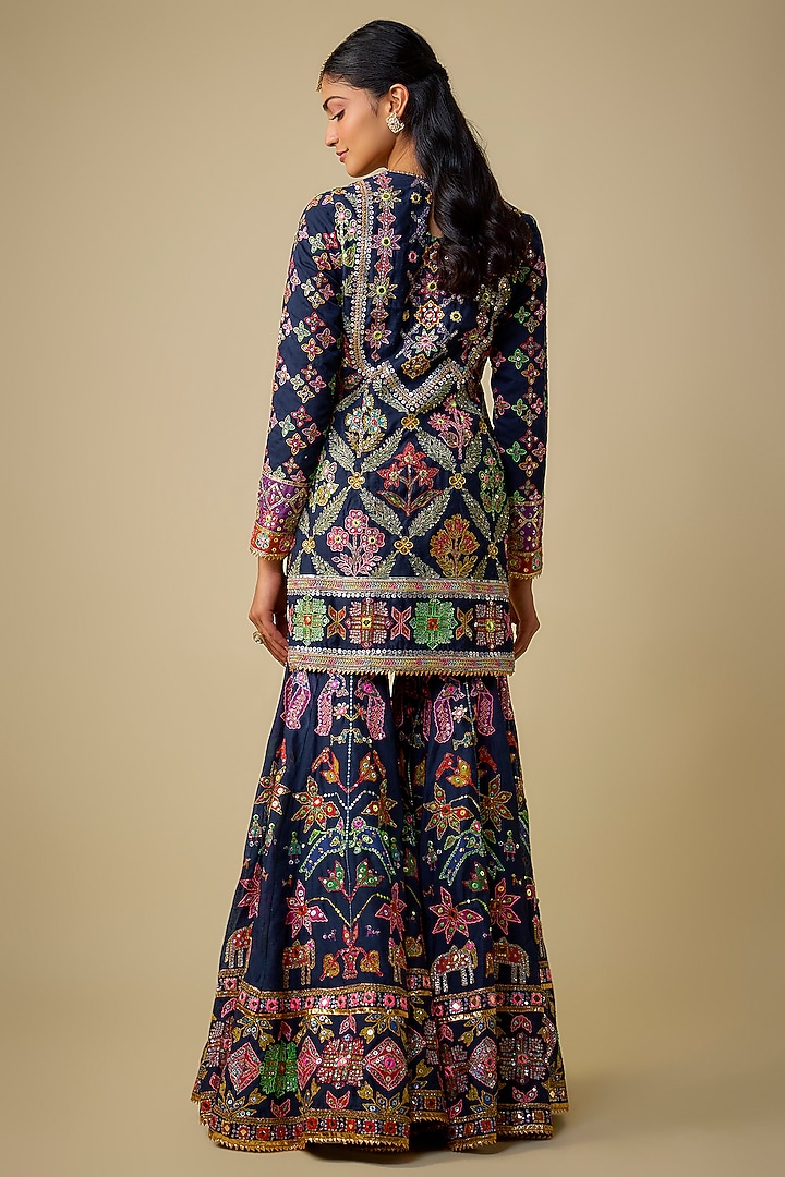 Navy Blue Chanderi Sequins Embroidered Gharara Set by Mayyur Girotra at Pernia's Pop Up Shop