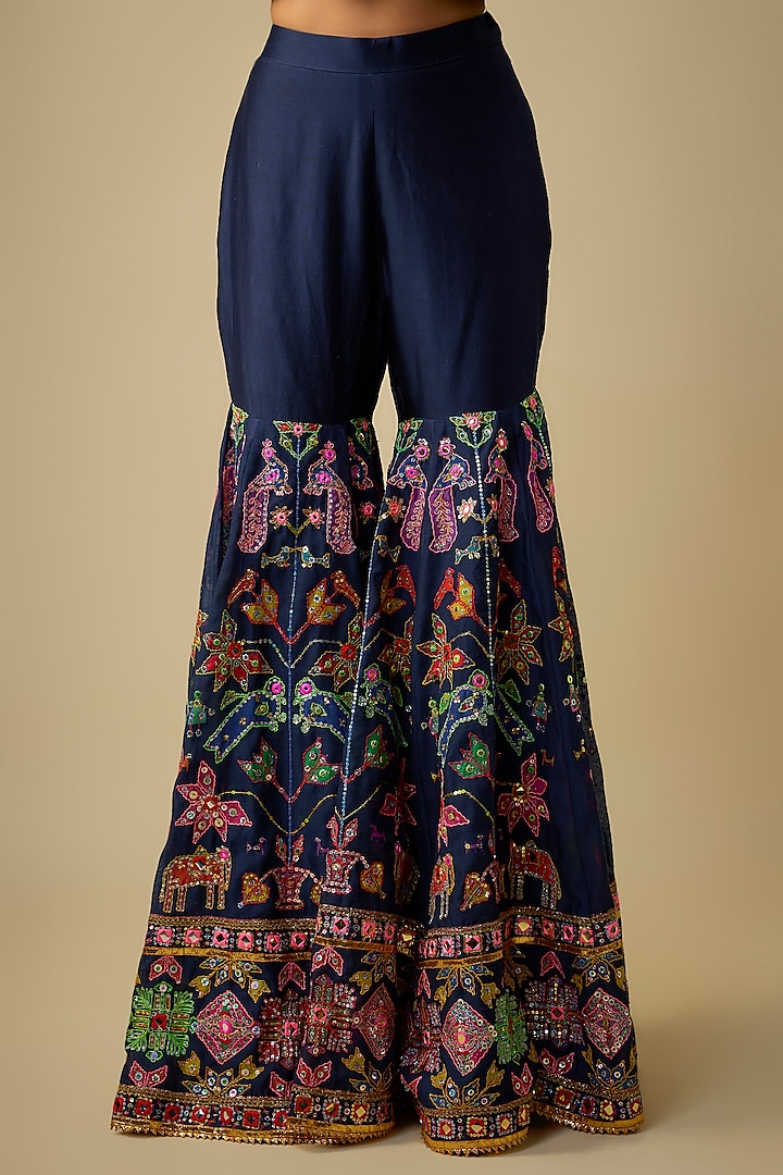 Navy Blue Chanderi Sequins Embroidered Gharara Set by Mayyur Girotra at Pernia's Pop Up Shop