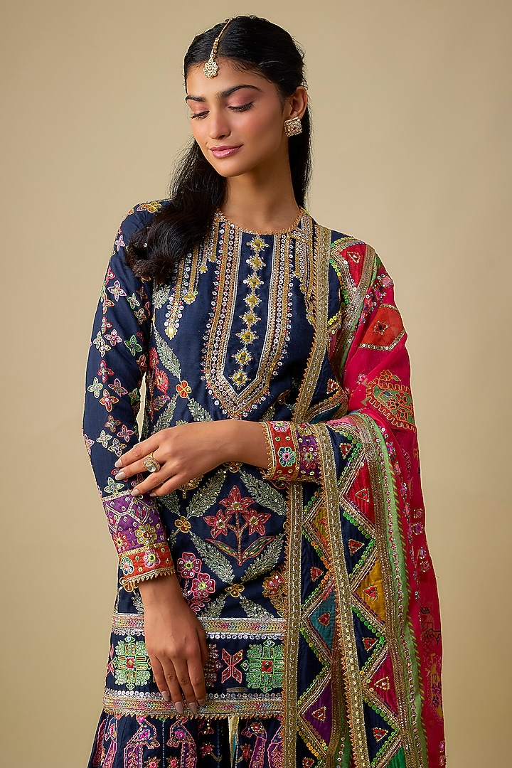 Navy Blue Chanderi Sequins Embroidered Gharara Set by Mayyur Girotra at Pernia's Pop Up Shop