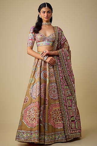 Golden Silk Sequins Embroidered Lehenga Set by Mayyur Girotra
