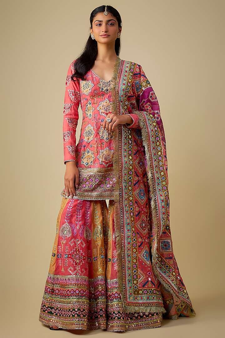 Peach & Multi-Colored Chanderi Sequins Embroidered Gharara Set by Mayyur Girotra at Pernia's Pop Up Shop