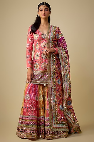 Peach & Multi-Colored Chanderi Sequins Embroidered Gharara Set by Mayyur Girotra