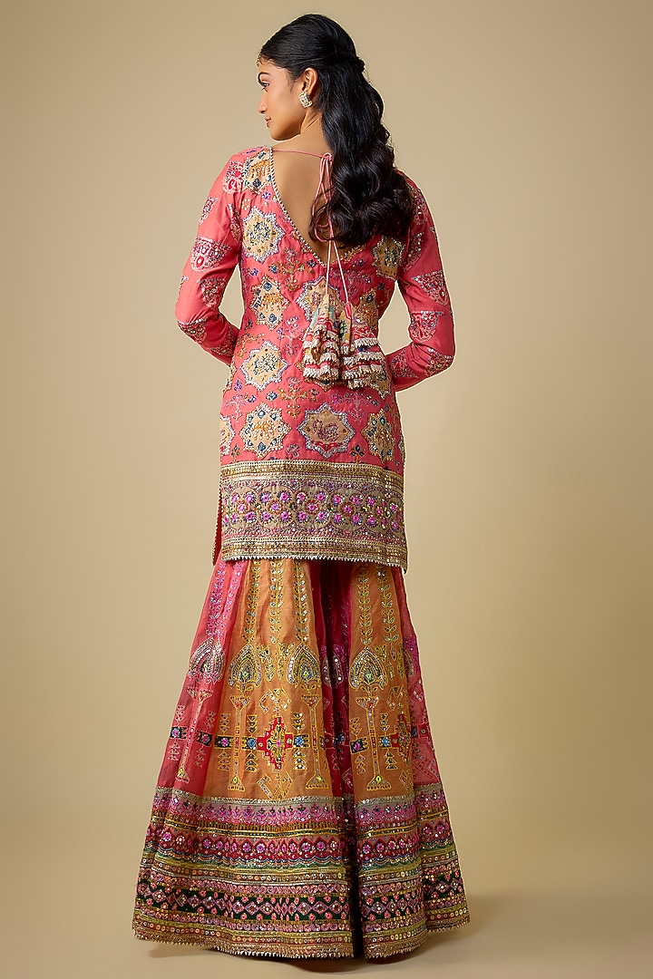Peach & Multi-Colored Chanderi Sequins Embroidered Gharara Set by Mayyur Girotra at Pernia's Pop Up Shop