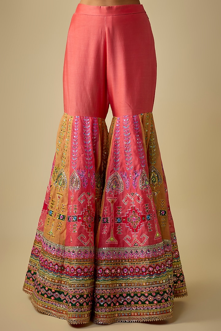 Peach & Multi-Colored Chanderi Sequins Embroidered Gharara Set by Mayyur Girotra at Pernia's Pop Up Shop