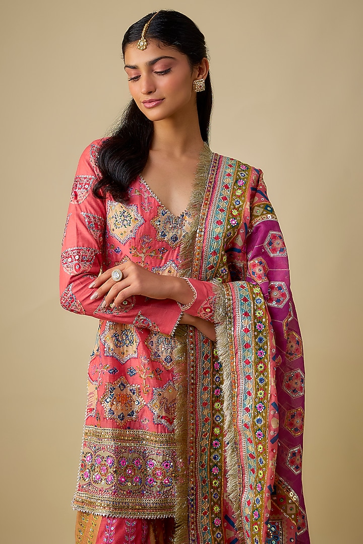 Peach & Multi-Colored Chanderi Sequins Embroidered Gharara Set by Mayyur Girotra at Pernia's Pop Up Shop