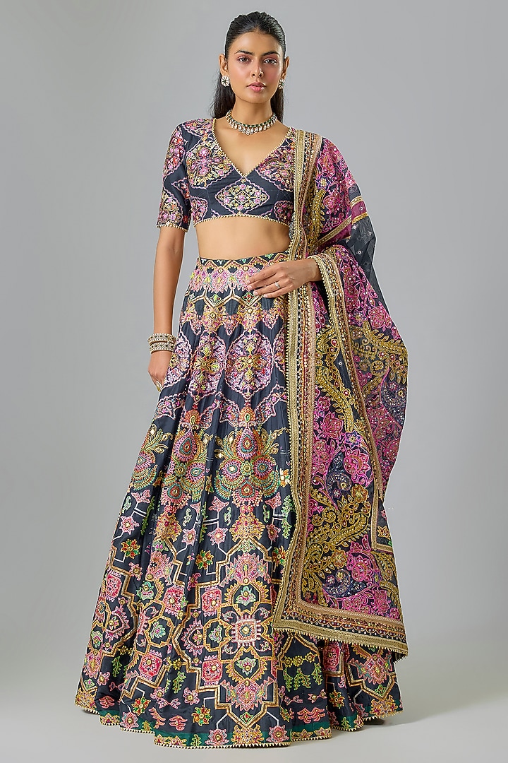 Navy Blue Silk Sequins Embroidered Bridal Lehenga Set by Mayyur girotra at Pernia's Pop Up Shop