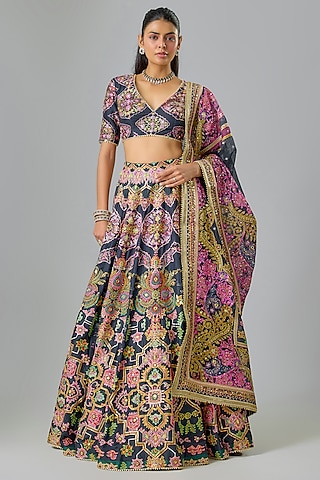 Navy Blue Silk Sequins Embroidered Lehenga Set by Mayyur girotra