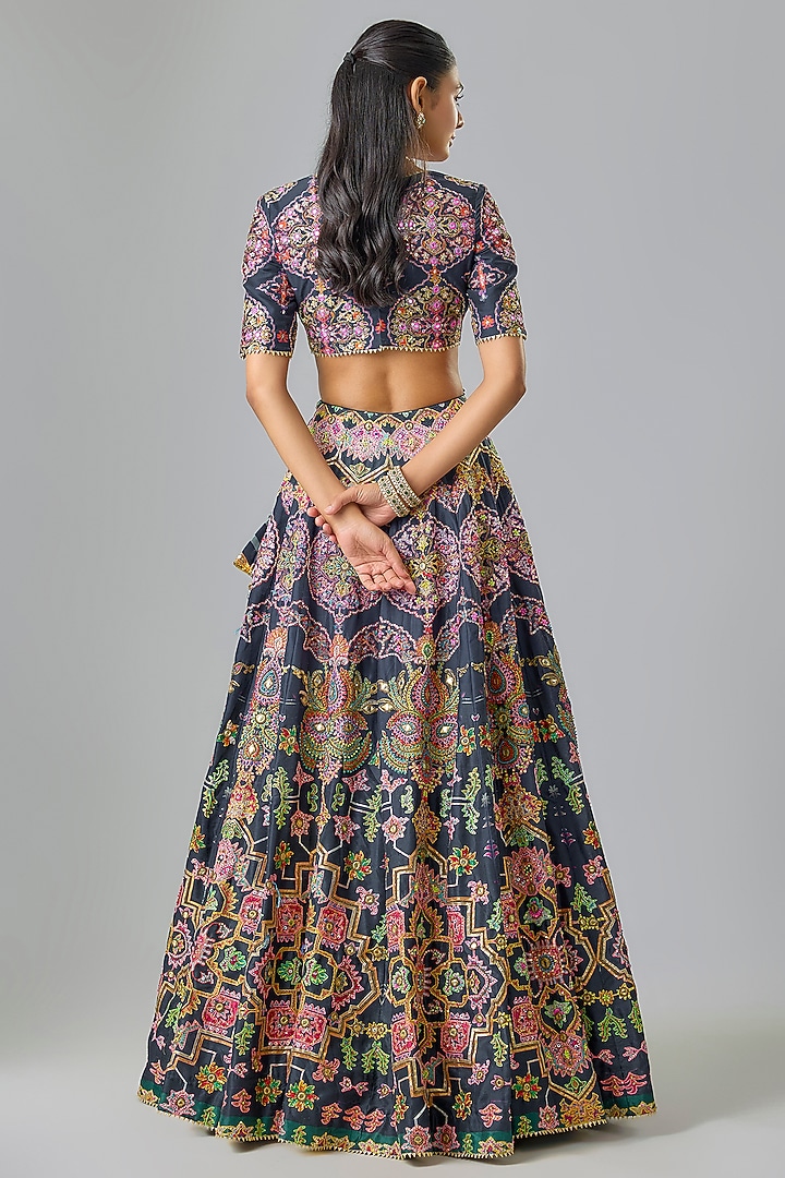 Navy Blue Silk Sequins Embroidered Bridal Lehenga Set by Mayyur girotra at Pernia's Pop Up Shop