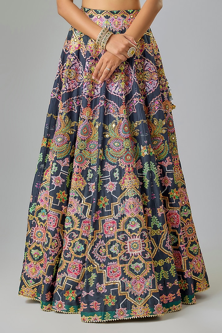 Navy Blue Silk Sequins Embroidered Bridal Lehenga Set by Mayyur girotra at Pernia's Pop Up Shop