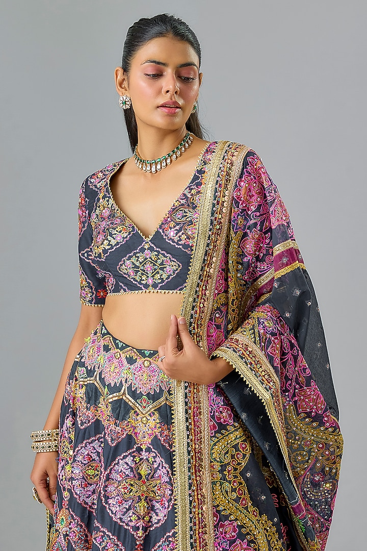 Navy Blue Silk Sequins Embroidered Bridal Lehenga Set by Mayyur girotra at Pernia's Pop Up Shop