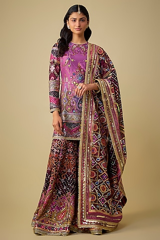 Purple Silk Sequins Embroidered Sharara Set by Mayyur Girotra