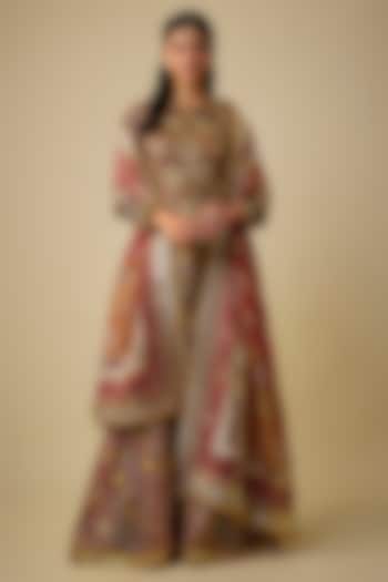 Red & Maroon Chanderi Sequins Embroidered Gharara Set by Mayyur Girotra at Pernia's Pop Up Shop