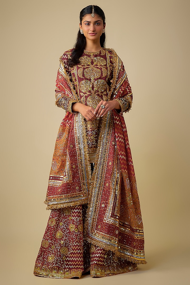 Red & Maroon Chanderi Sequins Embroidered Gharara Set by Mayyur Girotra at Pernia's Pop Up Shop