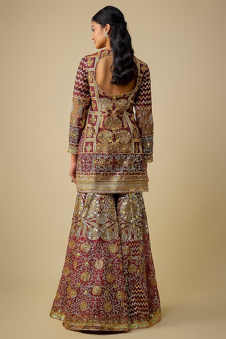 Red & Maroon Chanderi Sequins Embroidered Gharara Set by Mayyur Girotra at Pernia's Pop Up Shop