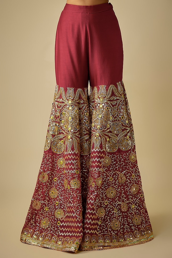 Red & Maroon Chanderi Sequins Embroidered Gharara Set by Mayyur Girotra at Pernia's Pop Up Shop