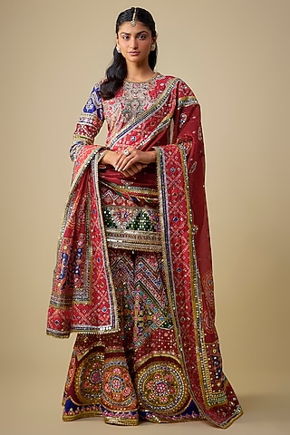Red Silk Sequins Embroidered Gharara Set by Mayyur Girotra