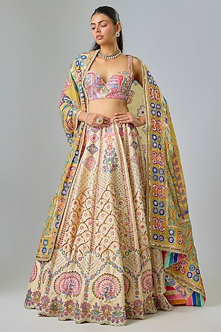 Ivory Silk Resham Embroidered Lehenga Set by Mayyur girotra
