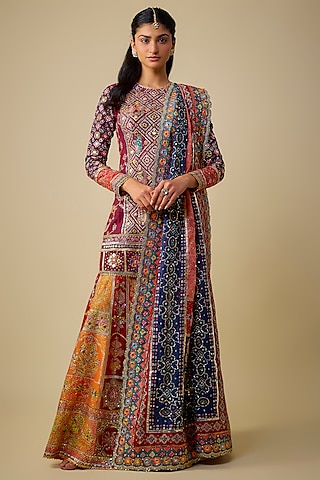 Multi-Colored Chanderi Sequins Embroidered Gharara Set by Mayyur Girotra