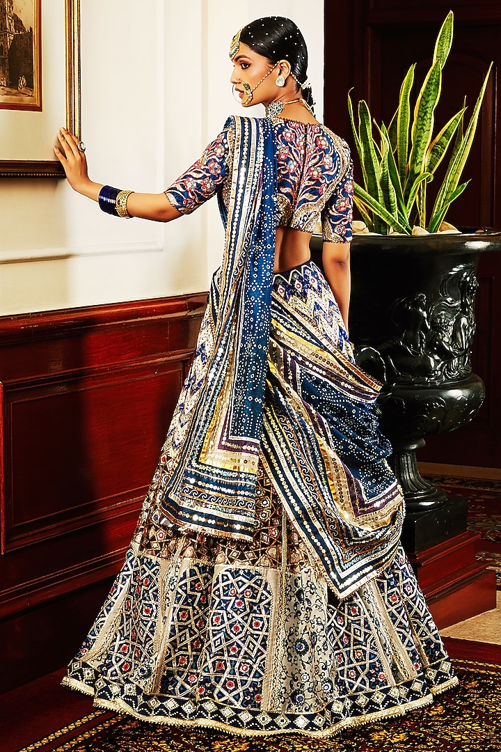 Dark Blue Silk Embroidered Bridal Lehenga Set by Mayyur girotra at Pernia's Pop Up Shop