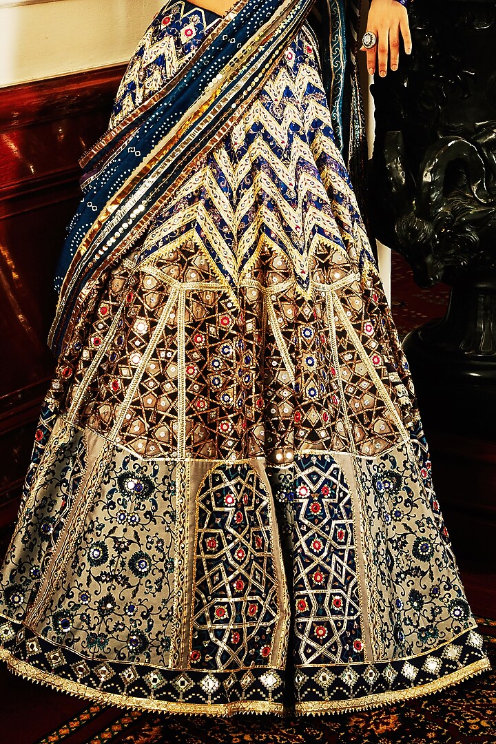 Dark Blue Silk Embroidered Bridal Lehenga Set by Mayyur girotra at Pernia's Pop Up Shop