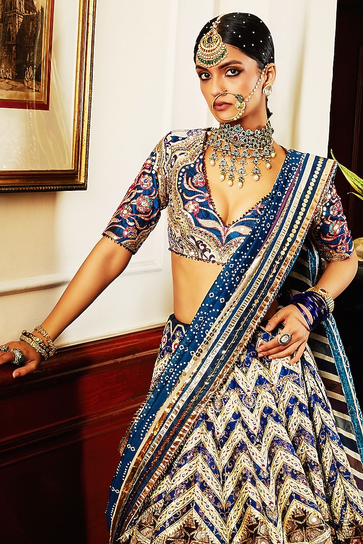 Dark Blue Silk Embroidered Bridal Lehenga Set by Mayyur girotra at Pernia's Pop Up Shop