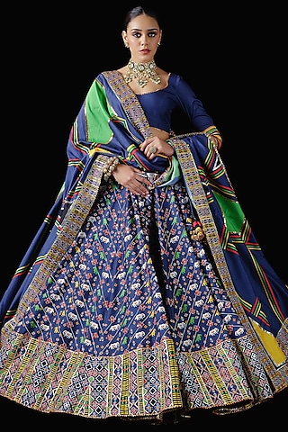 Blue Mysore Silk Printed & Embroidered Lehenga Set by Mayyur girotra