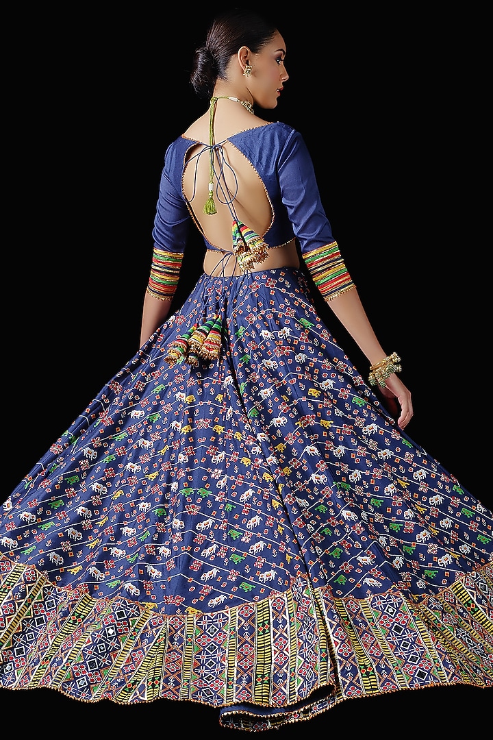 Blue Mysore Silk Printed & Embroidered Bridal Lehenga Set by Mayyur girotra at Pernia's Pop Up Shop
