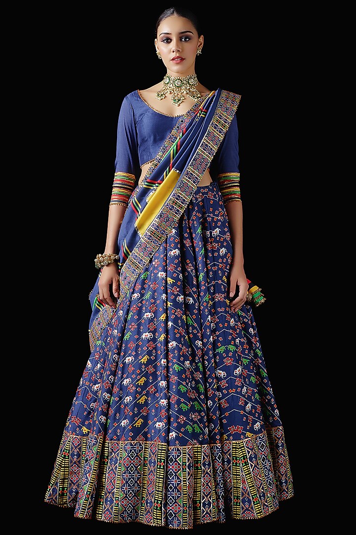 Blue Mysore Silk Printed & Embroidered Bridal Lehenga Set by Mayyur girotra at Pernia's Pop Up Shop