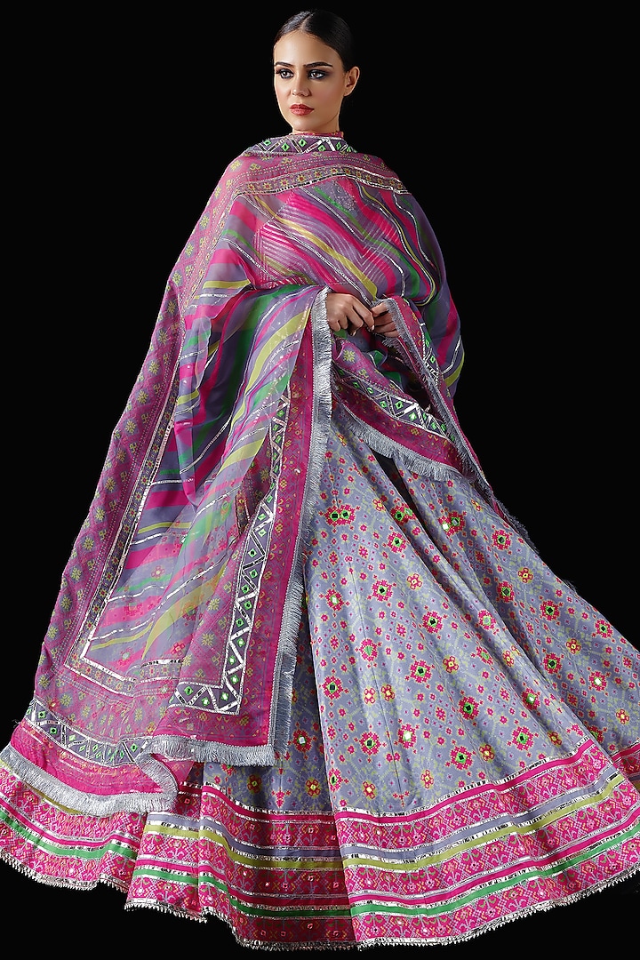 Grey & Pink Mysore Silk Printed Lehenga Set by Mayyur girotra