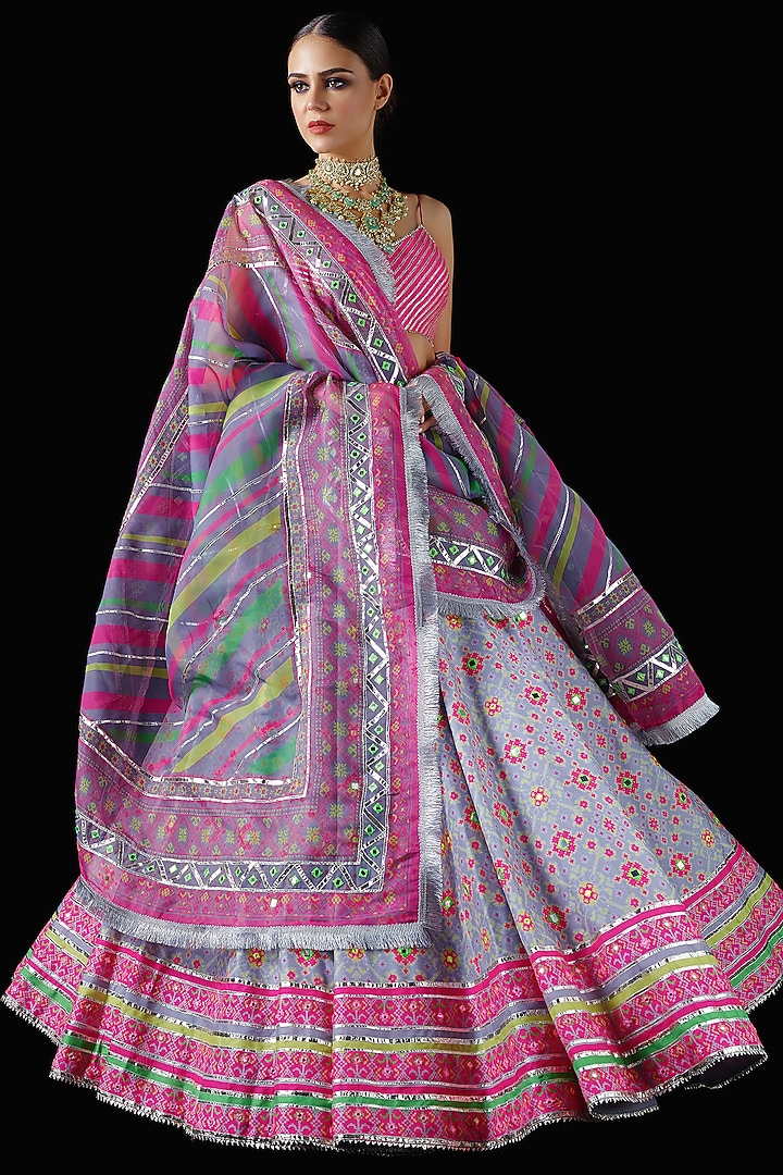 Grey & Pink Mysore Silk Printed Bridal Lehenga Set by Mayyur girotra at Pernia's Pop Up Shop